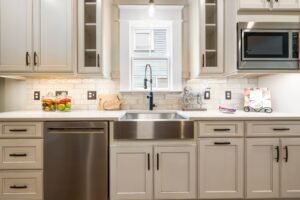 Kitchen with a farmhouse sink under a window