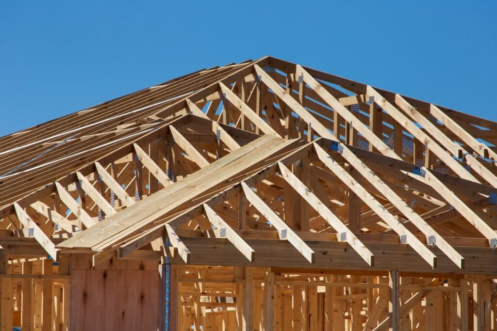 Roof trusses being framed on a new custom home