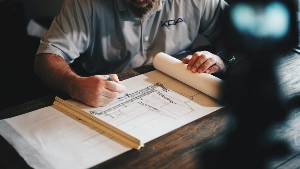 Drafting house plans by hand at a desk